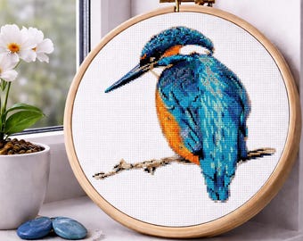 Kingfisher cross stitch pattern PDF, bird embroidery design, nature art, digital download. Small counted Xstitch chart.