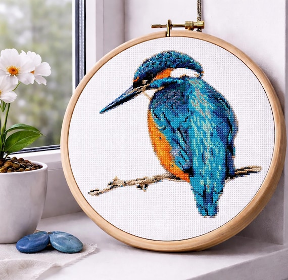 カワセミのクロスステッチ図案PDF、鳥の刺繍デザイン、自然アート