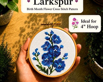 Rittersporn Kreuzstichmuster, Geburtsmonat Blume, Juli Blume, Mini und easy Designs, Die Geburtsblume im Juli, Instant Download PDF