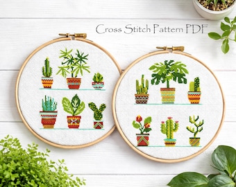 サボテンのクロスステッチパターンセット – ミニサボテンの植物刺繍、花柄の鉢、モダンな植物デザイン、幾何学模様の鉢、PDF即時ダウンロード