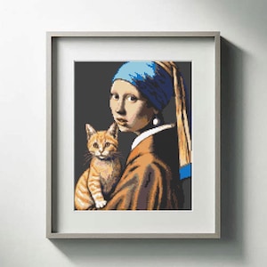 Funny cat cross stitch pattern PDF, Vermeer Girl with a Pearl Earring with cat, Famous painting mini art, Funny embroidery, Instant download