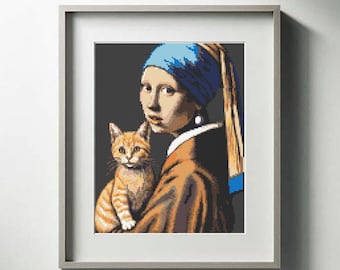 Funny cat cross stitch pattern PDF, Vermeer Girl with a Pearl Earring with cat, Famous painting mini art, Funny embroidery, Instant download
