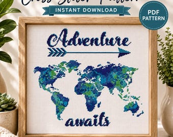 World Map Cross Stitch Pattern PDF, Adventure Awaits Travel Embroidery, Wanderlust Wall Art, Traveler Gift, Instant Download