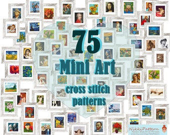 Set of 75 Mini Art Cross Stitch Patterns Mini masterpieces Starry night, Modern cross stitch bundle, Tiny famous paintings, Beginner pattern