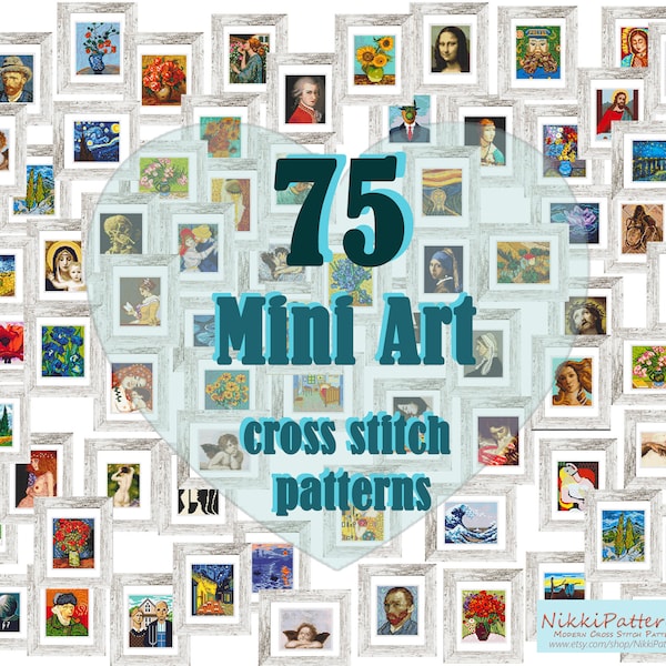 Set of 75 Mini Art Cross Stitch Patterns Mini masterpieces Starry night, Modern cross stitch bundle, Tiny famous paintings, Beginner pattern