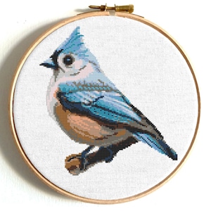 May include: A cross-stitch embroidery hoop with a blue and brown bird design. The bird is perched on a branch and has a white chest and a blue head.