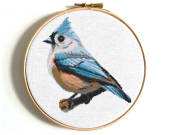 Bird cross stitch pattern PDF, Tufted Titmouse, easy nature art, digital download, small animal embroidery