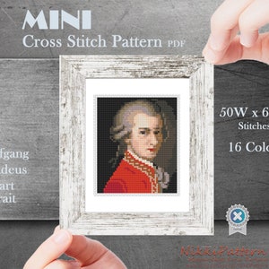 Mini Cross Stitch Pattern ART - Mozart Portrait- Famous painting cross stitch PDF pattern Composer Small Tiny Miniature Easy hand Embroidery