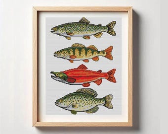 Fish Cross Stitch Pattern, Lake Trout, Kokanee Salmon, Yellow Perch, Crappie, Gift for Fishing Lovers, Digital Download PDF