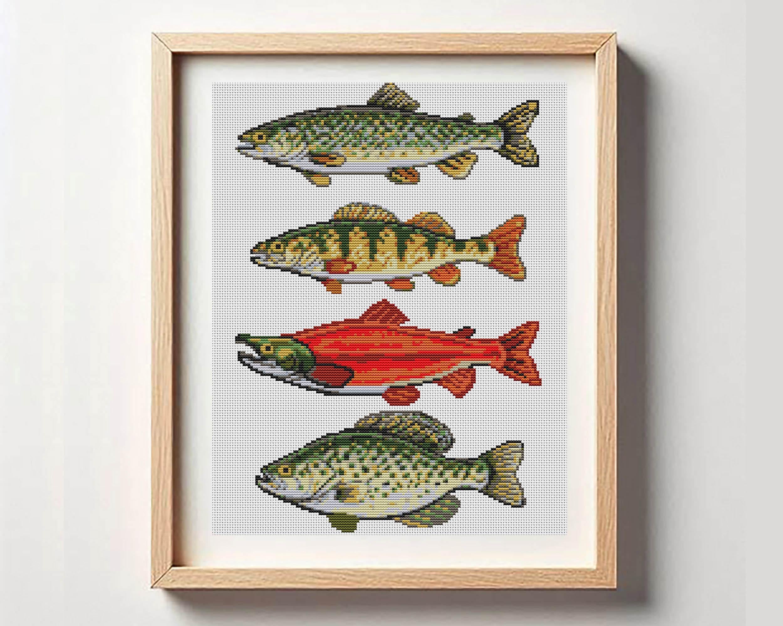 Fish Cross Stitch Pattern, Lake Trout, Kokanee Salmon, Yellow Perch ...