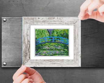 Mini Cross Stitch Pattern PDF, The Japanese Footbridge - by  Claude Monet, Famous painting, Small Tiny Art Embroidery, Instant Download