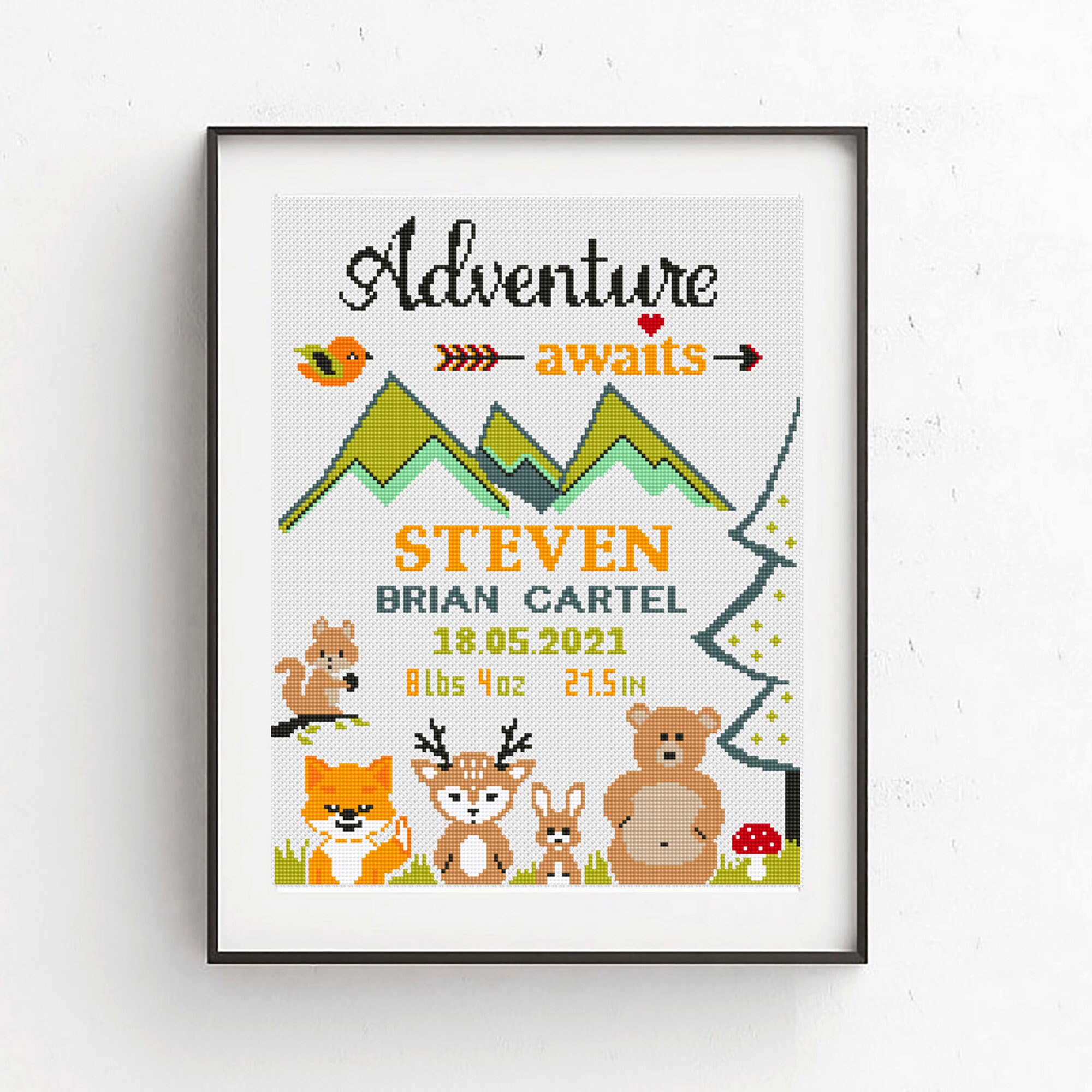 Birth announcement counted cross stitch pattern set Forest animals Baby