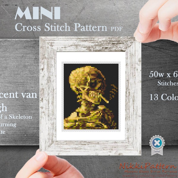 Mini Cross Stitch Pattern ART Skull of a Skeleton with Burning Cigarette- by Vincent van Gogh Famous painting Small Tiny Miniature art