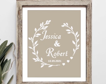 Schema moderno per punto croce per matrimonio, ricamo di ghirlande con nomi personalizzati, regalo per anniversario d'amore, regalo di nozze personalizzato, download immediato