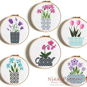 Beginner embroidery Blue floral Modern cross stitch pattern PDF Pink Violet Potted wild flowers needlecraft Easy Counted cross stitch chart