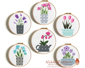 Beginner embroidery Blue floral Modern cross stitch pattern PDF Pink Violet Potted wild flowers needlecraft Easy Counted cross stitch chart