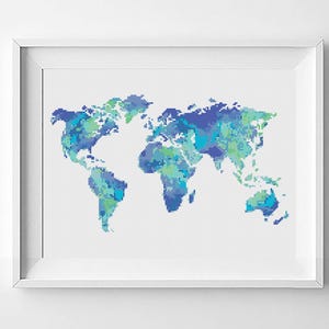 Weltkarte Minikreuzstichmuster, Silhouette der Welt, Weltkarte, gezähltes Kreuzstichmuster, PDF Stickmuster, sofort download