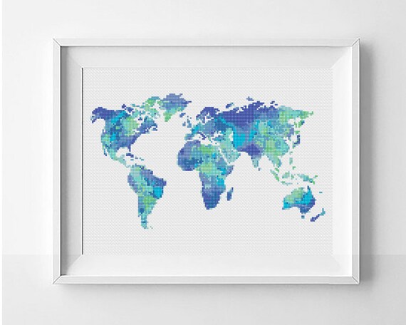 World map mini cross stitch pattern, Silhouette of world, Watercolor world map, Counted cross stitch PDF pattern, Instant download