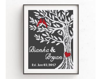 Wedding modern cross stitch pattern, Wedding anniversary gift, Monochrome Floral Rose wreath, Personalized name, Custom name