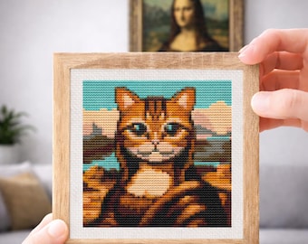 Funny Mona Lisa Cross Stitch Pattern, Mini Leonardo da Vinci Art, Whimsical Animal Art, Famous Masterpiece, Instant Download PDF