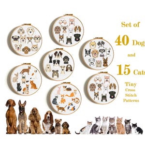 Mini dog and cat cross stitch patterns. 55 Tiny cross stitch. Beginner pattern for cat lovers, Small easy cross stitch, Cute animals.