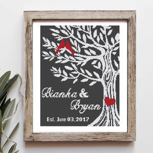 Wedding Cross Stitch Pattern PDF, Love tree with bird.