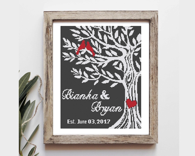 Wedding Cross Stitch Pattern PDF, Love tree with bird.
