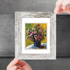 Mini Cross Stitch Pattern art -Flowers in a Vase- by Claude Monet Famous painting cross stitch PDF pattern Small Tiny Miniature art