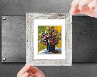 Mini art Cross Stitch Pattern -Flowers in a Vase- by Claude Monet, Famous painting x- stitch PDF chart, Small Tiny Miniature art embroidery