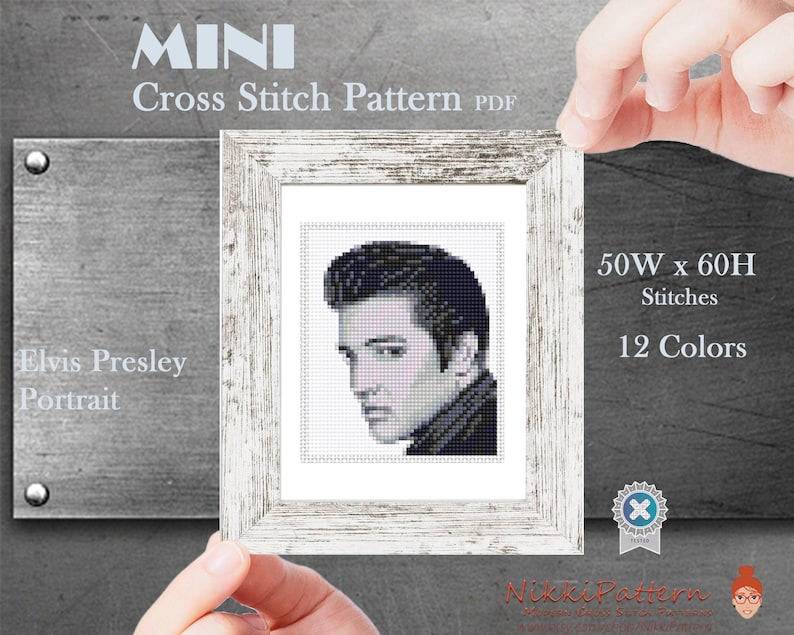 Elvis Presley mini cross stitch pattern, Modern tiny Portrait, Famous movie star, Tiny miniature picture painting Small easy frame art image 2