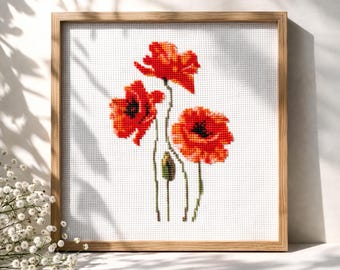 Poppy Cross Stitch Pattern, Wildflowers Red poppy, Modern wall decor, Easy embroidery, Digital Instant download Pdf