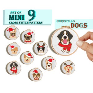 Dogs Christmas cross stitch pattern, Funny dogs in hats, Mini Beagle French bulldog Rottweiler embroidery, DIY to Kids, Instant download PDF