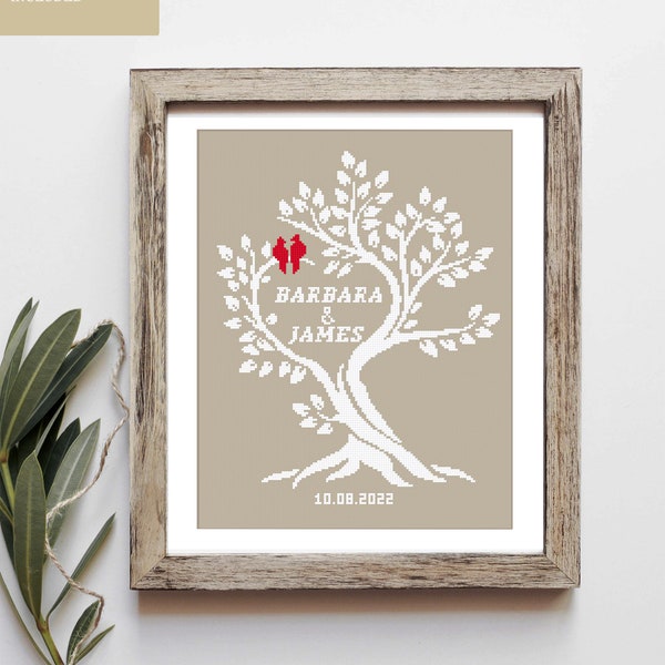 Wedding Tree with Birds modern cross stitch pattern Personalized counted cross stitch Love Tree Anniversary wedding gift Digital download