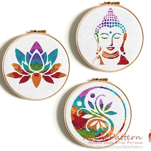 Mandala Kreuzstich Stickmuster Moderner Kreuzstich Buddha Kreuzstich Zählvorlage Silhouette Hoop Art Lotus Blume Yin Yang Yoga