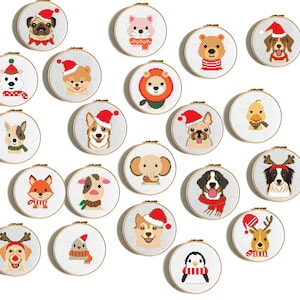 Ensemble de motifs de Noël au point de croix – Ornements animaux mignons PDF, broderie de Noël, chien chat renard pingouin renne, broderie de Noël facile