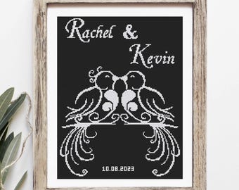Wedding cross stitch pattern, Love birds with custom names, Love, anniversary, wedding gift, Digital download PDF