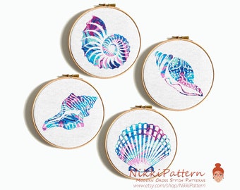 Seashells Cross stitch pattern Watercolor cross stitch Counted cross stitch Embroidery Hoop Art Easy cross stitch Silhouette PDF pattern