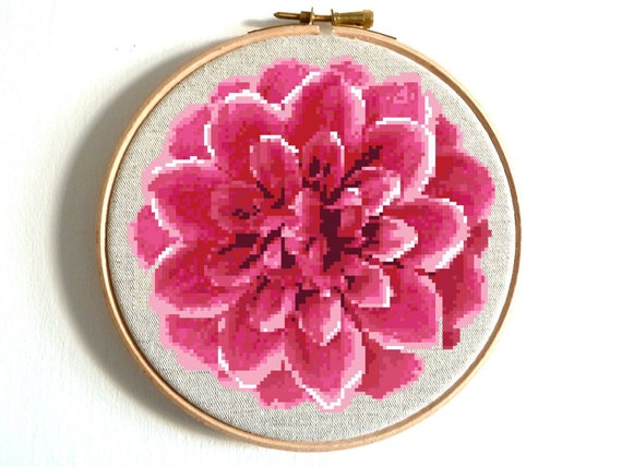 Chart Counted Cross Stitch Patterns Needlework Xstitch Craft DIY Pink Dahlias