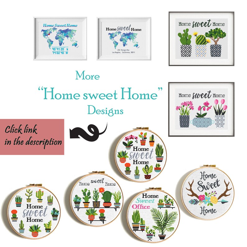 May include: A collection of 10 cross-stitch patterns featuring various home-themed designs. The patterns include a variety of plants, flowers, and text that says "Home Sweet Home".