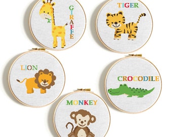 Baby cross stitch Baby Nursery decor Safari Animal cross stitch pattern Lion Monkey Modern animals Easy cross stitch PDF Instant download