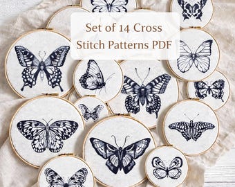 Butterfly cross stitch patterns, Set of 14 Mini butterfly counted cross-stitch, Easy black embroidery charts, Digital instant download PDF