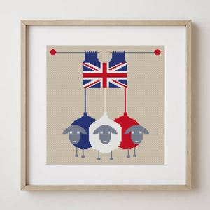 Cute sheep cross stitch pattern, United Kingdom flag, Funny sheep with symbol, Modern animal Union Jack Flag, Easy x-stitch, Colorful sheep