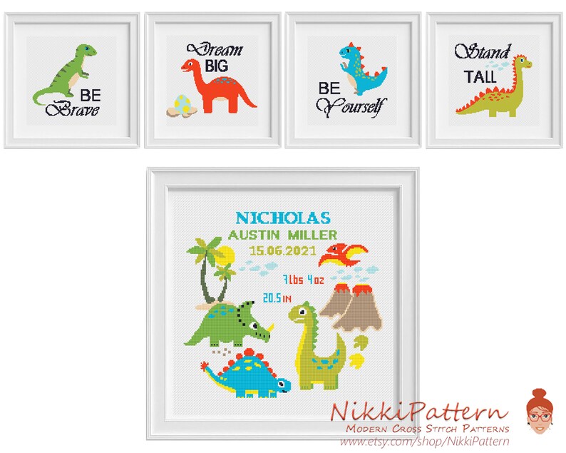Birth Announcement Cross Stitch Pattern Dinosaurs Counted Etsy