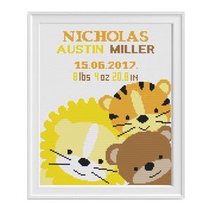 Birth announcement cross stitch pattern, Cute Jungle animals, Lion, Tiger, Personalized baby name, Nursery decor, Easy animal embroidery PDF