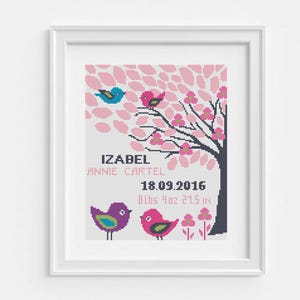 Birth Announcement with birds Cross Stitch Pattern PDF – Custom Baby Name and Date, Baby girl room decor, Personalized name Instant download