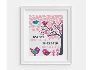 Birth Announcement with birds Cross Stitch Pattern PDF – Custom Baby Name and Date, Baby girl room decor, Personalized name Instant download