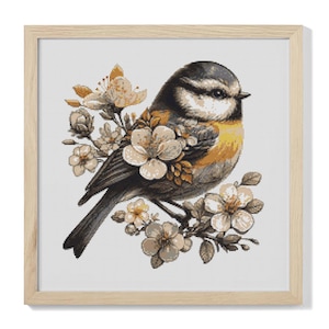 Floral Bird Cross Stitch Pattern PDF – Whimsical Spring Bird with Blossoms, Elegant Counted Embroidery Design, Nature xstitch chart
