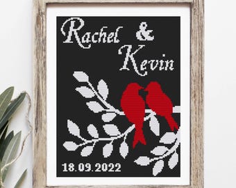Wedding modern cross stitch pattern, Love birds with custom names, Love, anniversary, wedding gift, Digital download PDF