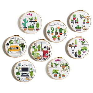 Conjunto de patrones de punto de cruz de cactus, Habitación con flores y gato, Bordado de cactus, Flores en macetas, Diseño geométrico, Descarga digital instantánea en PDF