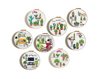 Conjunto de patrones de punto de cruz de cactus, Habitación con flores y gato, Bordado de cactus, Flores en macetas, Diseño geométrico, Descarga digital instantánea en PDF